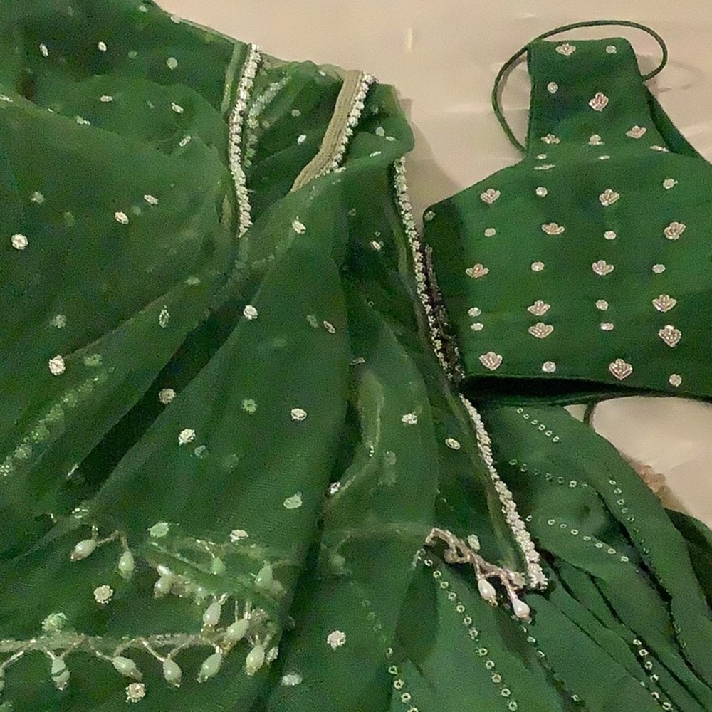 Green Embellished Indian Crop Top with Sheer Dupatta/indian Pakistani lengha fr - Picture 11 of 15